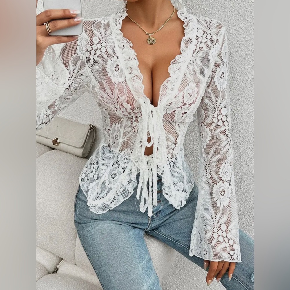 Passion Sexy Low Cut Long Sleeve Lace Solid Color Blouse